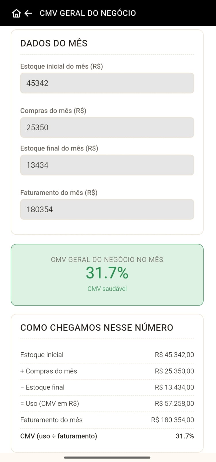 Tela de CMV geral do negócio no ChefCONTROL