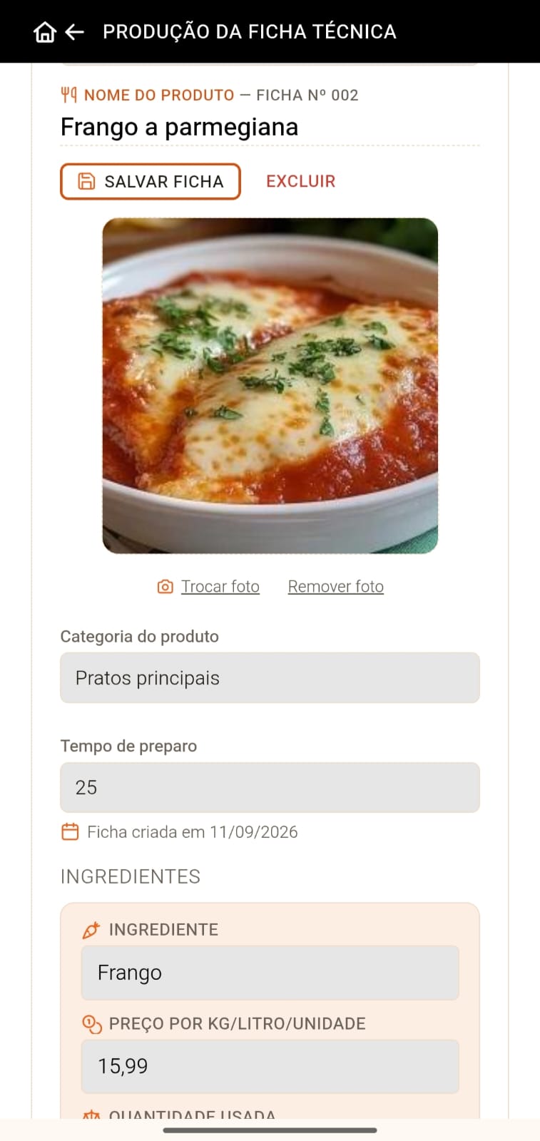 Tela Produção da Ficha Técnica do ChefCONTROL com ingredientes e quantidades