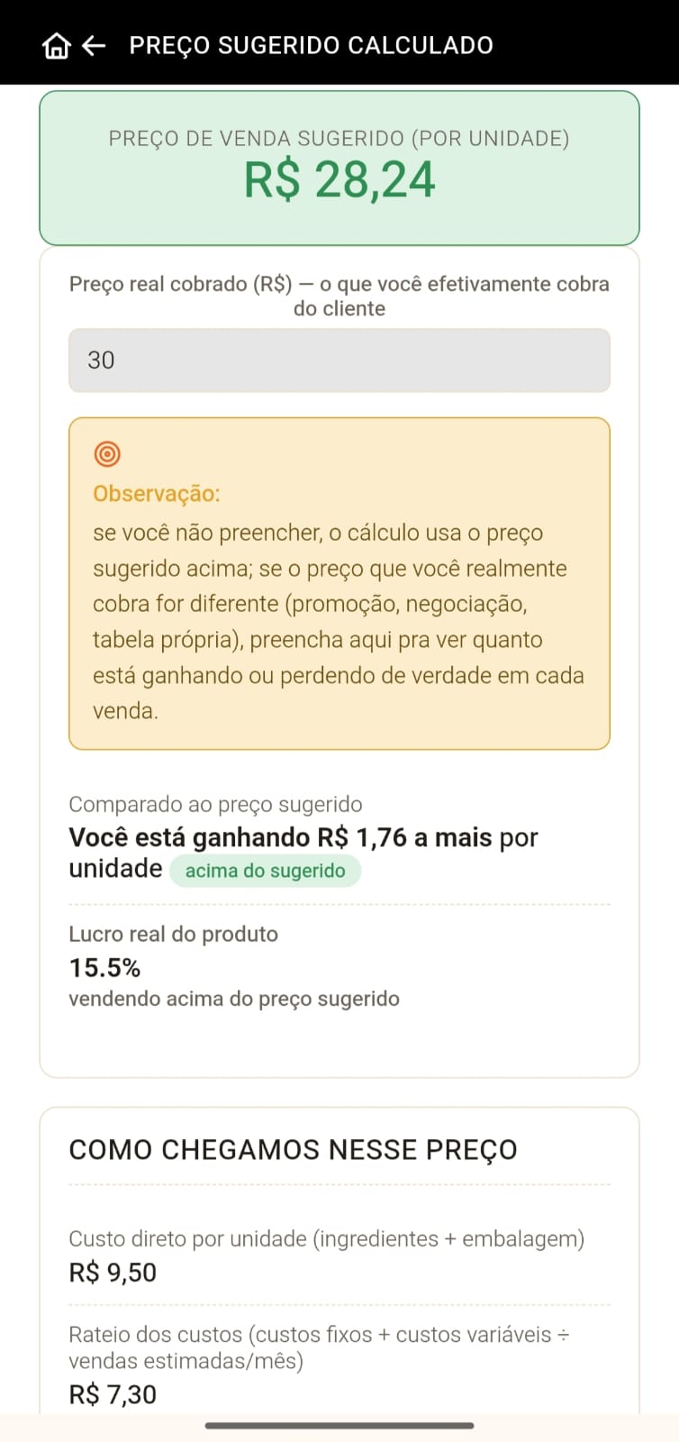 Tela Preço Sugerido Calculado do ChefCONTROL mostrando como o preço de venda é calculado
